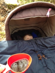 Minstingen sover och har fått några bebiskottar (alkottar) på vagnen. Lite molnig vårhimmel speglas i mitt kaffe.