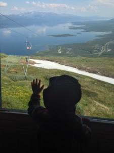 Min yngsta son spanar in utsikten från Aurora Sky Station medan vi andra fikar.