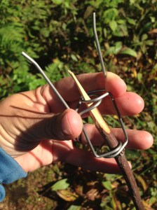 Sedan klämmer du ihop metallhållaren och trär över den på en grillpinne