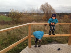 Uppe på toppen! Kul att  klänga på räcket, utsikt mot Vallentunasjön.